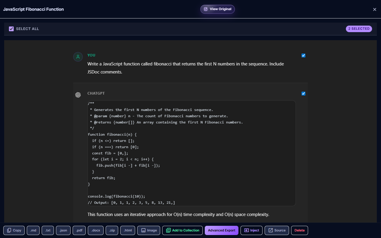 Be Mimos quick export format picker for choosing how to download a saved chat.